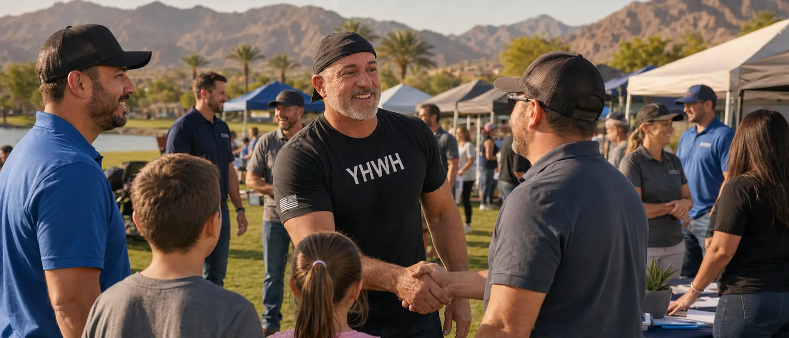 Home-service professionals greeting one another with their families at an outdoor Arizona community event