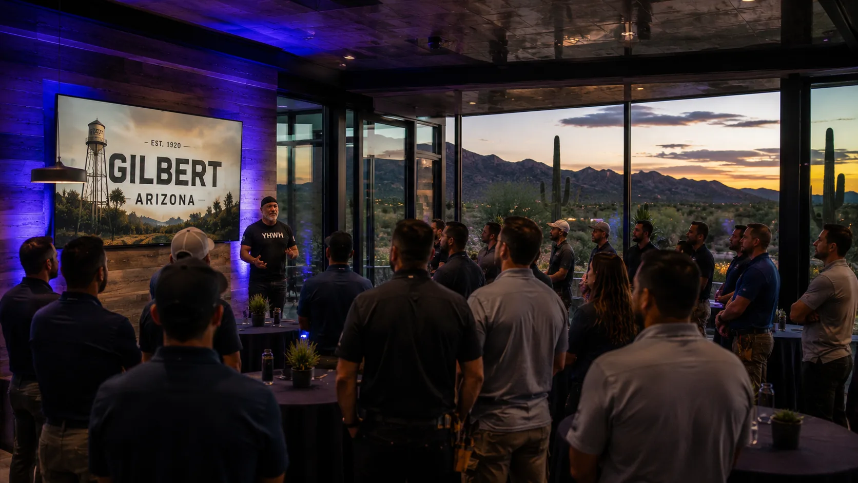 Home-service business owners gathered at an evening meeting beneath a Gilbert Arizona sign, with desert mountains at sunset through the windows