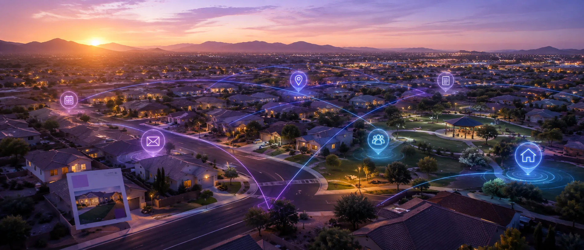 Aerial view of an Arizona neighborhood at dusk with glowing marketing channel icons linking homes