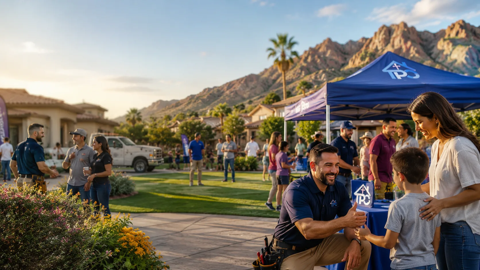 A Trusted Pro Connect tent at a neighborhood community event, with a home-service professional greeting a family