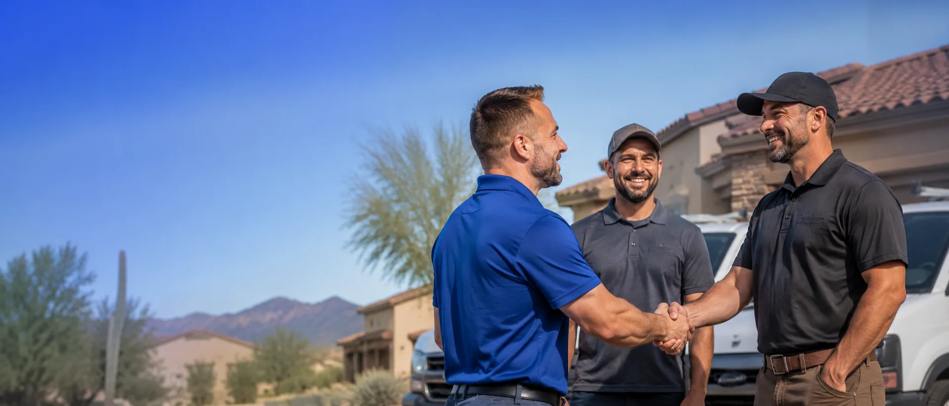 Three home-service professionals shaking hands outside a home with service vans in the background