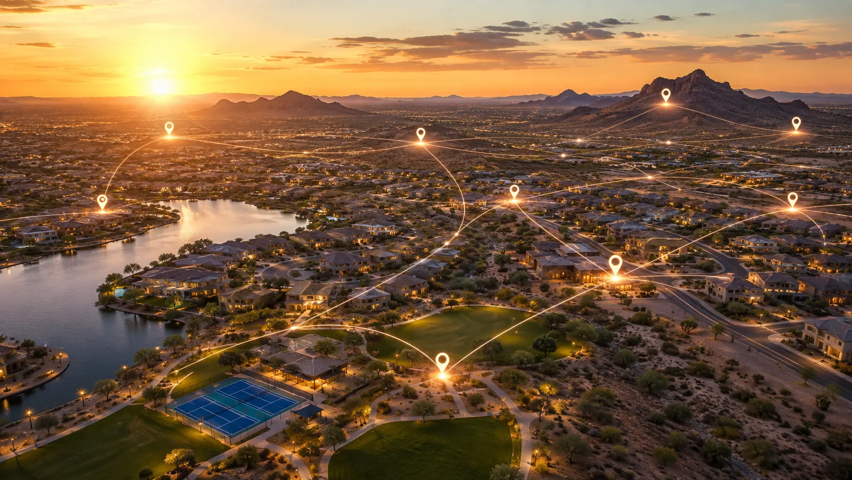 Sunrise aerial view of an Arizona master-planned community with a lake, park and connected location markers