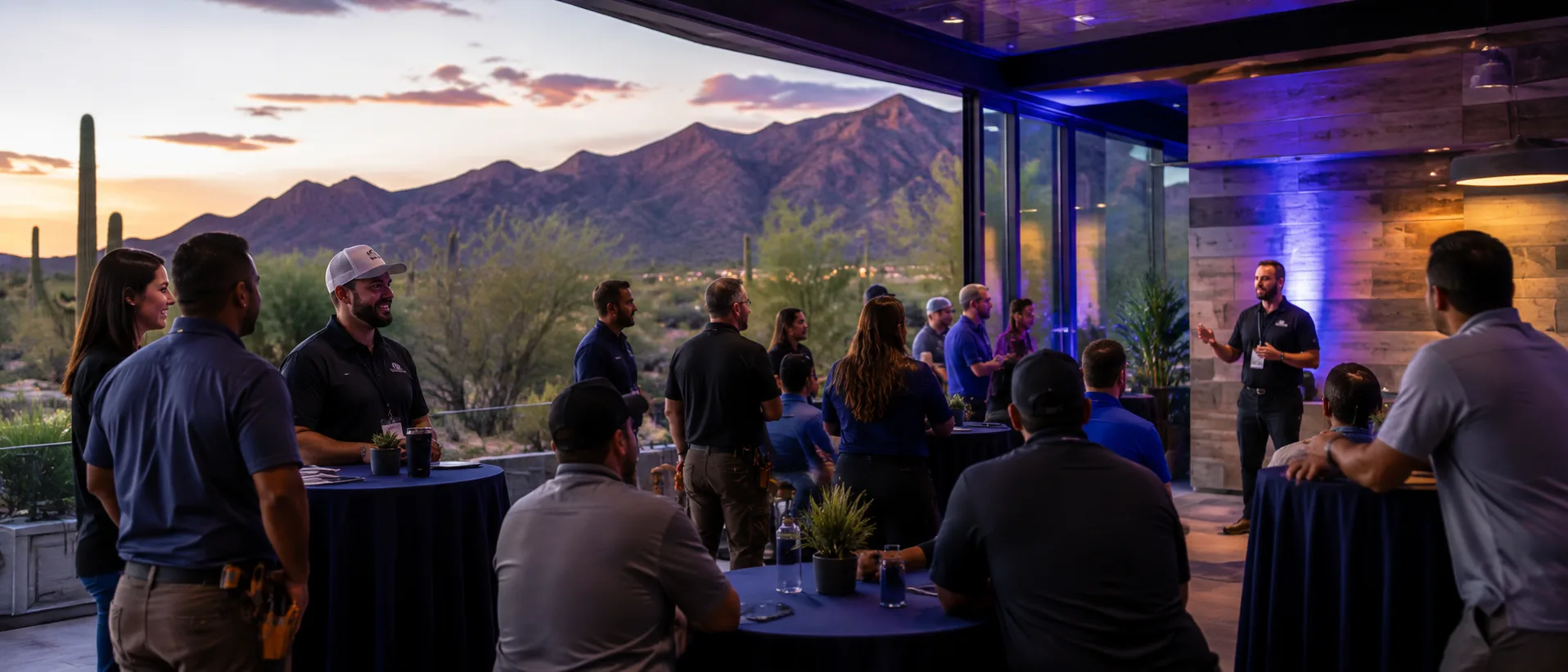 Home-service business owners gathered at an evening Trusted Team meeting with desert mountain views
