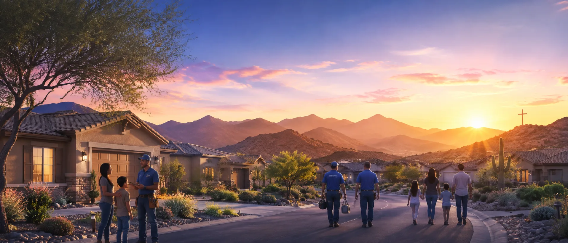 Home-service professionals and families on a residential street in an Arizona community at sunset
