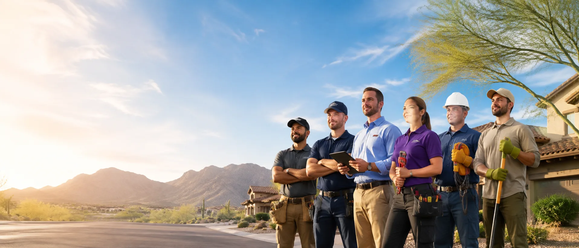 Six home-service professionals in different trades standing together on an Arizona residential street at sunrise