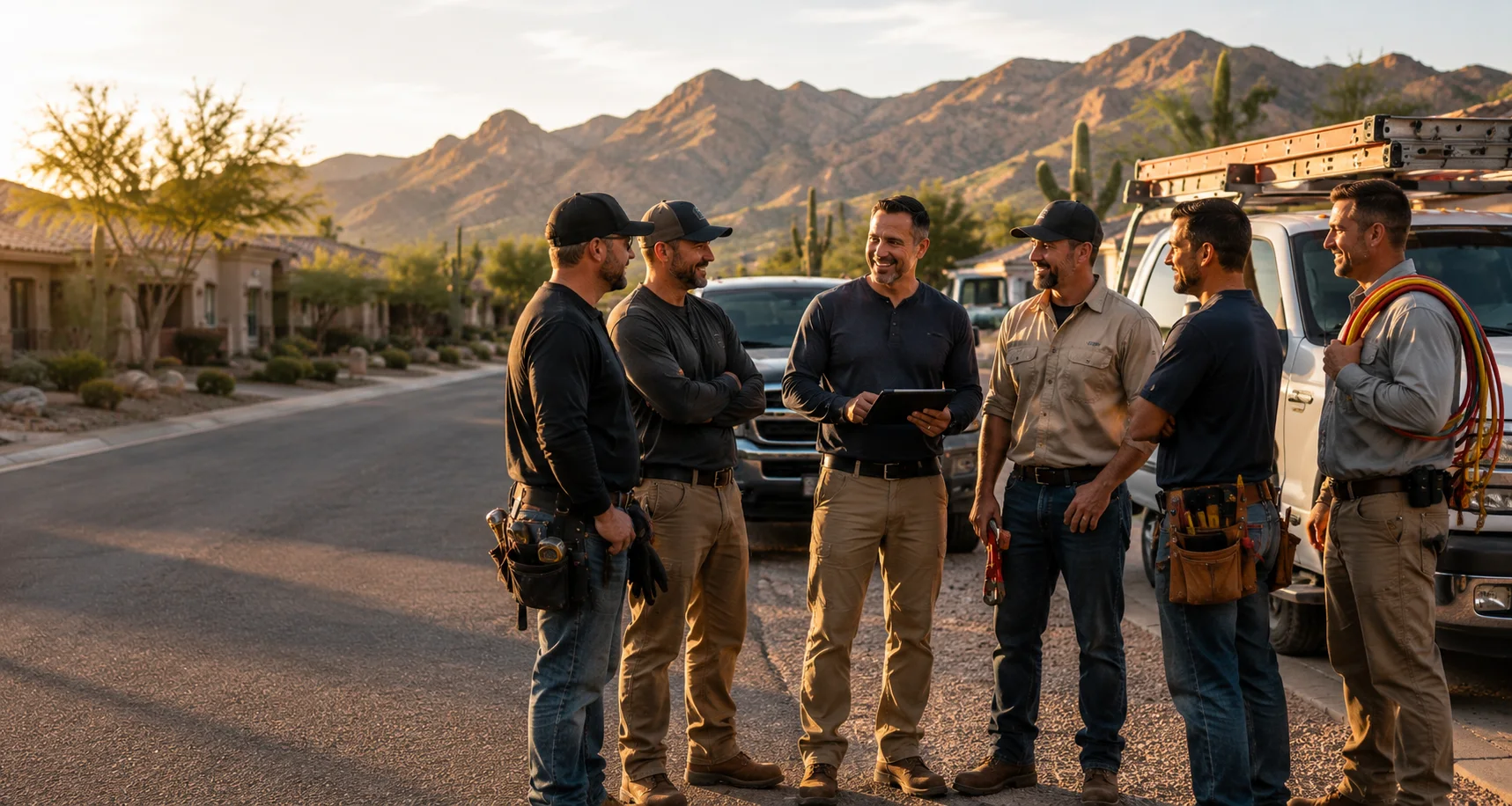 Six home-service professionals from different companies talking together on an Arizona residential street beside their service trucks