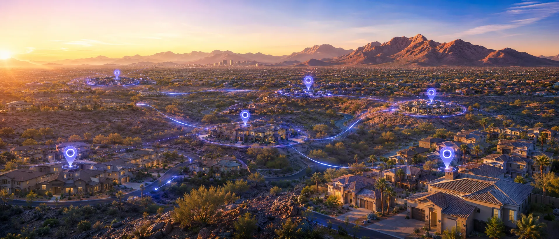Aerial view of Arizona desert communities at sunrise with glowing location markers