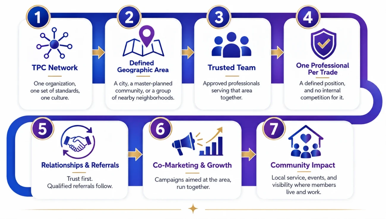 How the Trusted Pro Connect model works, in seven steps: 1. TPC Network — one organization, one set of standards, one culture. 2. Defined Geographic Area — a city, a master-planned community, or a group of nearby neighborhoods. 3. Trusted Team — approved professionals serving that area together. 4. One Professional Per Trade — a defined position, and no internal competition for it. 5. Relationships and Referrals — trust first, qualified referrals follow. 6. Co-Marketing and Growth — campaigns aimed at the area, run together. 7. Community Impact — local service, events, and visibility where members live and work.