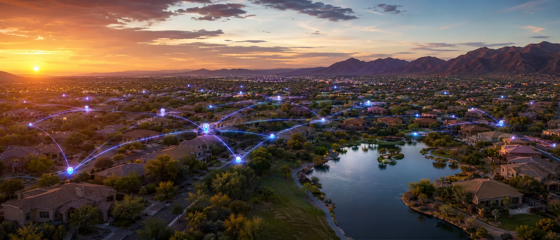 Aerial view of a Phoenix Valley neighborhood at sunset with glowing connection lines linking homes across the community